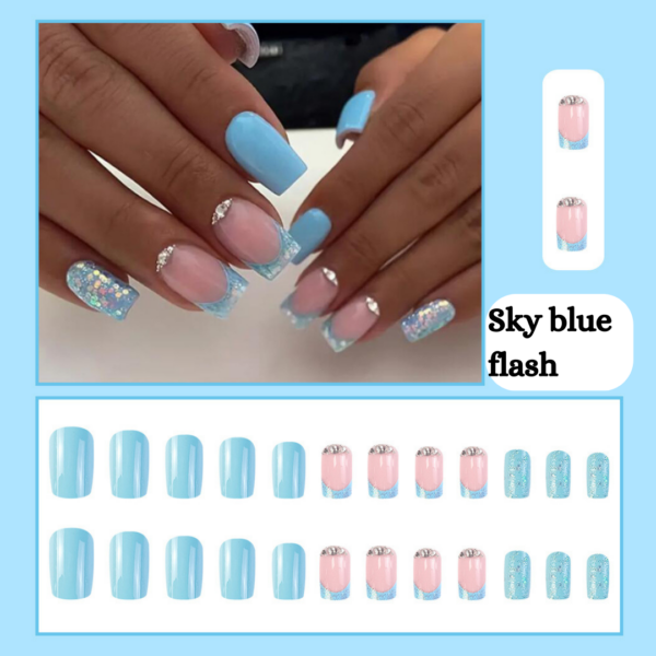 Sky Blue Flash Press On Nails