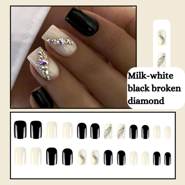 Milk-White and Black broken diamond Press On Nails