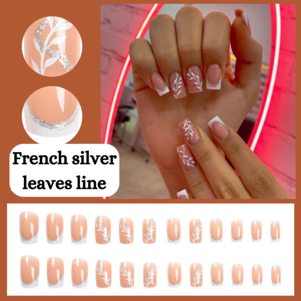 French Silver leaves line Press On Nails