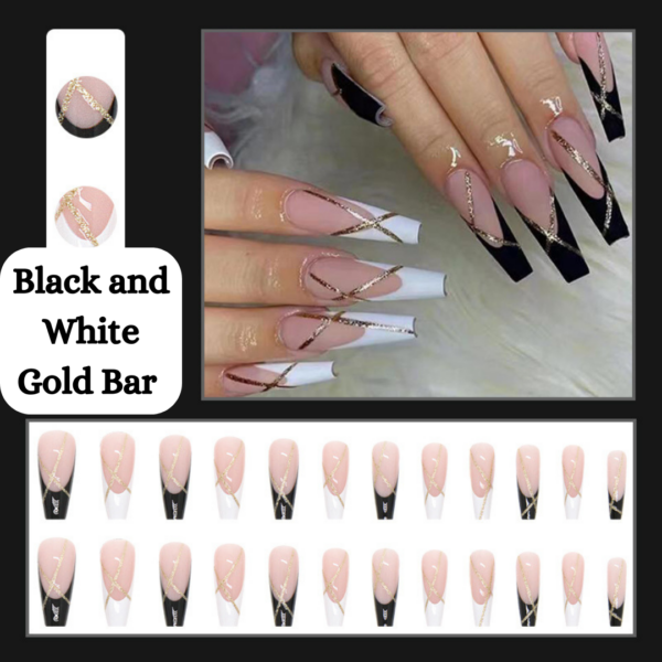 Black and White Gold Bar Press On Nails