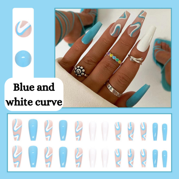 Blue and White Curve Press On Nails