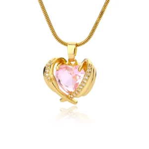 Bohemia Pink Cubic Zirconia Necklace For Women Stainless Steel Heart Wings Pendant Necklaces Crystal Choker Couple Jewerly Gift