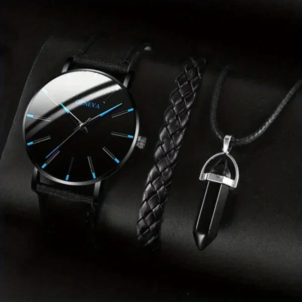 3pcs/set 1 Round Men's Quartz Watch And 1 Bracelet 1 Necklace