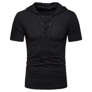 New European And American Men's Hooded Loose Tie Up Hip-hop Casual Short Sleeved T-shirt