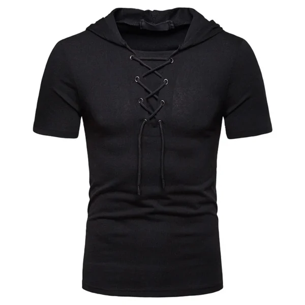 New European And American Men's Hooded Loose Tie Up Hip-hop Casual Short Sleeved T-shirt