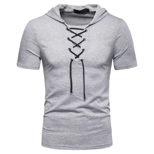 New European And American Men's Hooded Loose Tie Up Hip-hop Casual Short Sleeved T-shirt