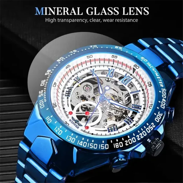 Winner 432A Blue Men's Automatic Mechanical Watch Skeleton LuxuryDesign 30M Waterproof Stainless Steel Strap Male Watches