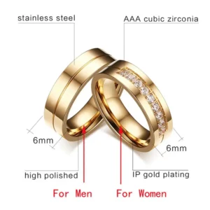 Women Men Wedding Band Rings For Love 18K Gold Plated AAA CZ Cubic Zirconia Stainless Steel Couples Ring