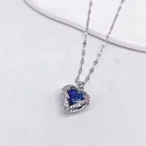 1 Pc Romantic Blue Ocean Heart Zircon Pendant Necklace for Woman Pink Love Heart Stainless Steel Chain Choker