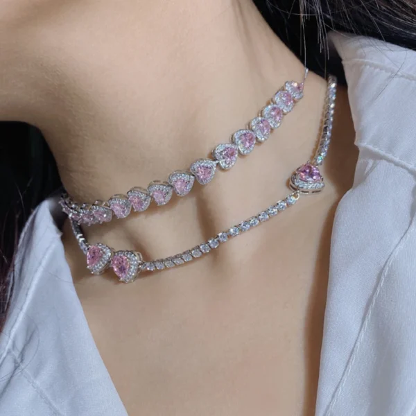 UILZ Sweet Pink Heart Zircon Choker Necklace for Women Girls Elegant Crystal Wedding Party Chain Collares Jewelry Free Shipping