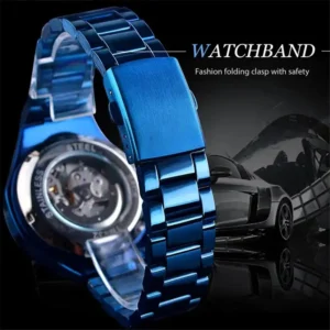 Winner 432A Blue Men's Automatic Mechanical Watch Skeleton LuxuryDesign 30M Waterproof Stainless Steel Strap Male Watches