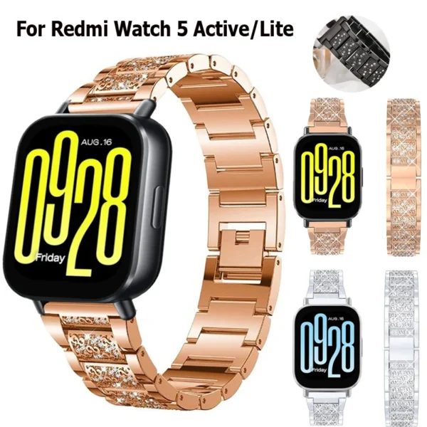 22mm Women Strap For Redmi Watch 5 Active Stainless Steel With Diamond Watchband For Redmi Watch 5 Lite Bracelet Metal Correa