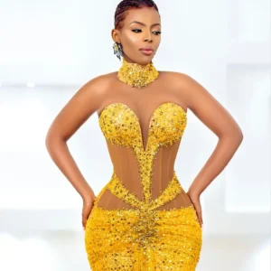 Plus Size Gold Yellow Mermaid Evening Dresses Shiny Sequins Beaded Asoebi Style Formal Party Dress Women Prom Gown customized