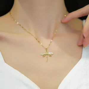 DIEYURO 316L Stainless Steel Personality Dragonfly Pendant Necklace For Women Fashion Girls Clavicle Chain Party Jewelry Gifts