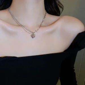 Korean Fashion Purple Crystal Heart Pendant Necklace For Women Black Crystal Girl Cool Clavicle Chain Y2k Aesthetic Jewelry Part