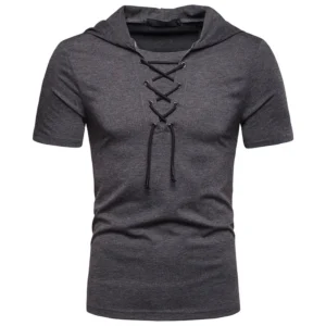 New European And American Men's Hooded Loose Tie Up Hip-hop Casual Short Sleeved T-shirt