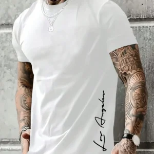 Men's 100 cotton summer loose Contrast Color Alphabet los Angelest print slim fit casual sports round neck short sleeved T-shirt