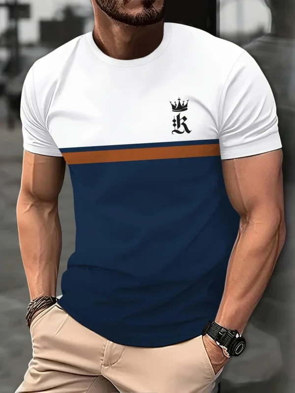 New Summer Men's Casual Short Sleeve Splicing Color R Print Social Party Daily Top Retro Classic Trend Sports T-Shirt Streetwear