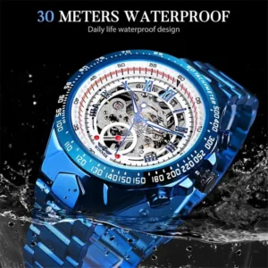 Winner 432A Blue Men's Automatic Mechanical Watch Skeleton LuxuryDesign 30M Waterproof Stainless Steel Strap Male Watches