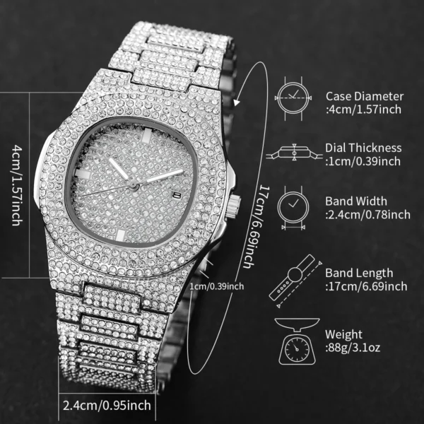 3PCS Luxury Rhinestone Men Watches Hip Pop Square Steel Band Quartz Watch Diamond Jewelry Set Relogio Masculino Reloj Hombre