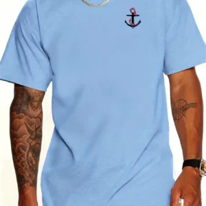 Men's 100% pure cotton summer loose oversized boat anchor pattern print casual slim fit round neck short sleeved T-shirt top