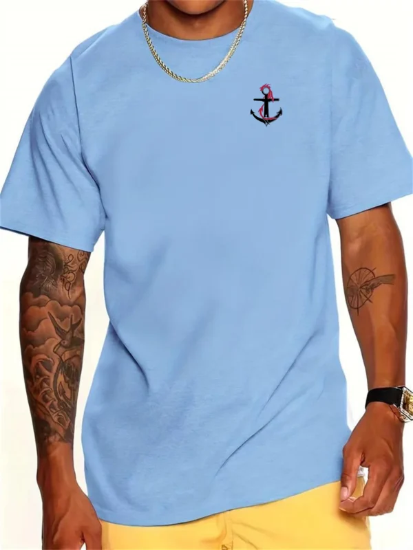 Men's 100% pure cotton summer loose oversized boat anchor pattern print casual slim fit round neck short sleeved T-shirt top