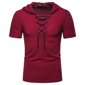 New European And American Men's Hooded Loose Tie Up Hip-hop Casual Short Sleeved T-shirt