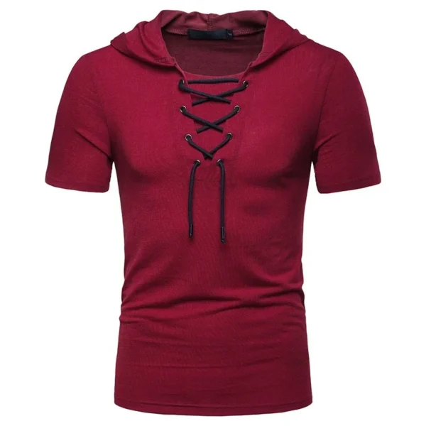 New European And American Men's Hooded Loose Tie Up Hip-hop Casual Short Sleeved T-shirt