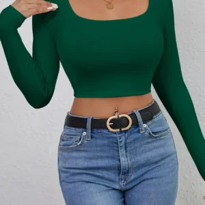 Slim fit short sexy top with exposed navel casual long sleeved solid color T-shirt square neck vest women's clothing