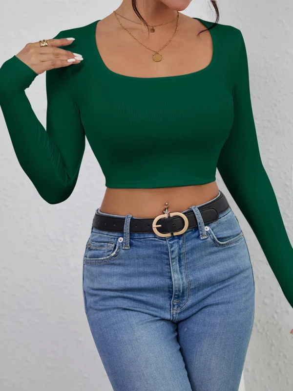 Slim fit short sexy top with exposed navel casual long sleeved solid color T-shirt square neck vest women's clothing