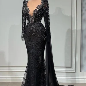 Black Lace Evening Dresses For Women 2024 V Neck Elegant Beading Crystal Vestido De Fiesta Wedding Party Gowns Formal customized