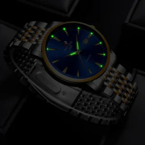 NOTIONR Fashion Men Silver Blue Watches Stainless Steel Waterproof Quartz Wristwatch Men Luxury Casual Sports Luminous Watches