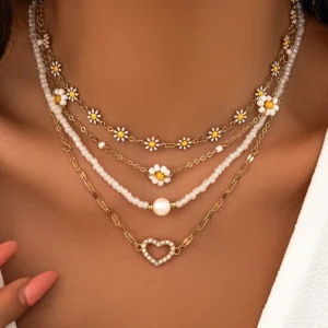 4Pcs Vintage Sunflower Flower Clavicle Chain Necklace for Women Kpop Rhinestone Love Heart Pendant Choker Aesthetic Y2K Jewelry