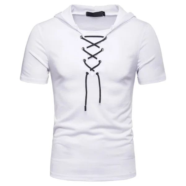 New European And American Men's Hooded Loose Tie Up Hip-hop Casual Short Sleeved T-shirt