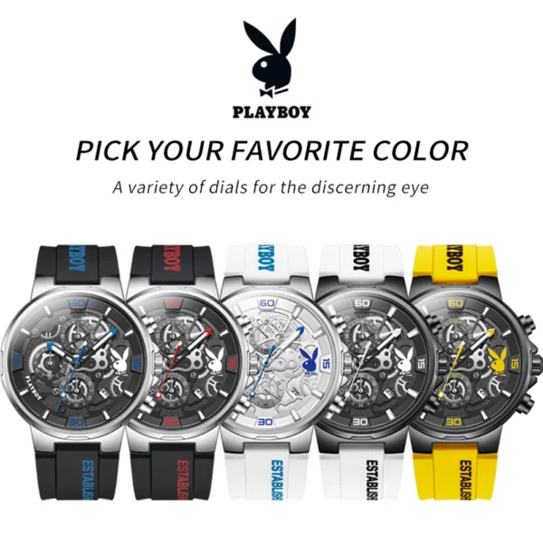 PLAYBOY Original Sports Man Watch Multifunction Fashion Men's Wrist Watches Top Brand Luxury Silicone Strap Quartz Watch for Men