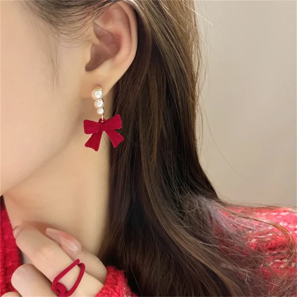 Red Black Bowtie Earrings for Women Girls Simulated Pearl Cloth Bow Tie Earrings Jewelry Ear Accessories Beautiful Gifts