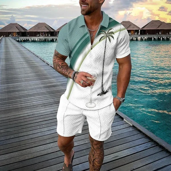 Men's Summer Tracksuit Sports Suit Men Set 3D Printed Casual Short Sleeve T Shirt Lapel Zip Polo Shirt Male Clothing Jogging