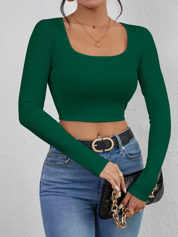 Slim fit short sexy top with exposed navel casual long sleeved solid color T-shirt square neck vest women's clothing