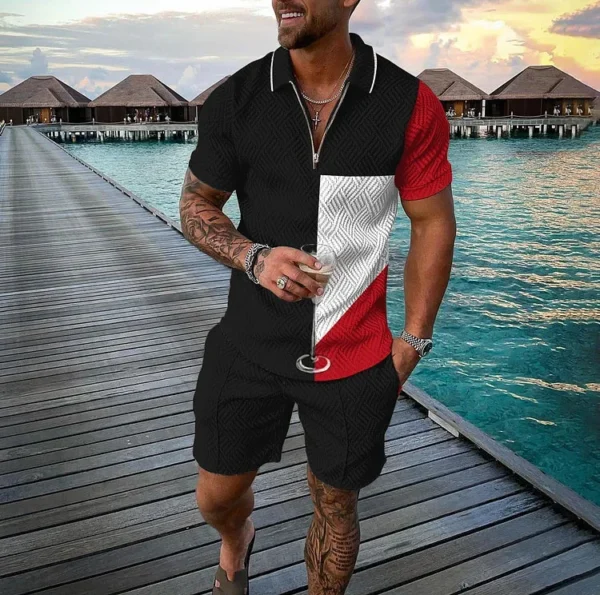 Men's Summer Tracksuit Sports Suit Men Set 3D Printed Casual Short Sleeve T Shirt Lapel Zip Polo Shirt Male Clothing Jogging