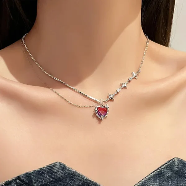 Korean Fashion Purple Crystal Heart Pendant Necklace For Women Black Crystal Girl Cool Clavicle Chain Y2k Aesthetic Jewelry Part