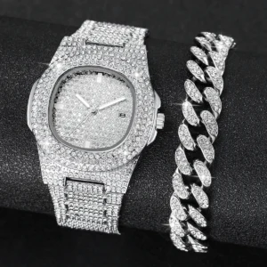 3PCS Luxury Rhinestone Men Watches Hip Pop Square Steel Band Quartz Watch Diamond Jewelry Set Relogio Masculino Reloj Hombre