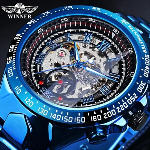 Winner 432A Blue Men's Automatic Mechanical Watch Skeleton LuxuryDesign 30M Waterproof Stainless Steel Strap Male Watches