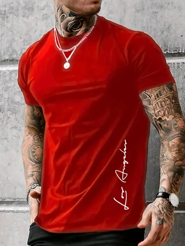 Men's 100 cotton summer loose Contrast Color Alphabet los Angelest print slim fit casual sports round neck short sleeved T-shirt