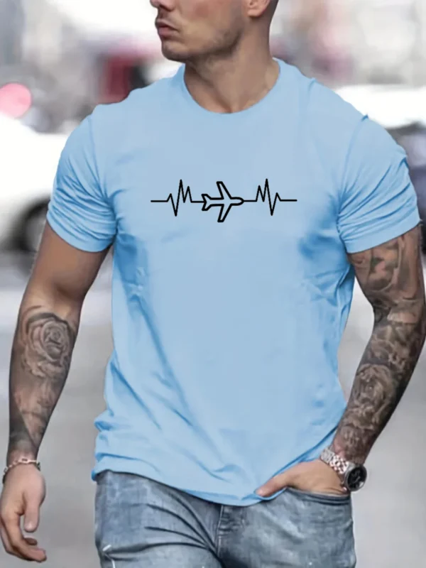 Men's Summer 100% Cotton Fashion Casual Loose Large Creative Aircraft Graphic Printed Slim fit Round Neck Short Sleeve T-shirt