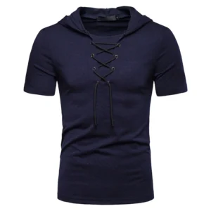 New European And American Men's Hooded Loose Tie Up Hip-hop Casual Short Sleeved T-shirt