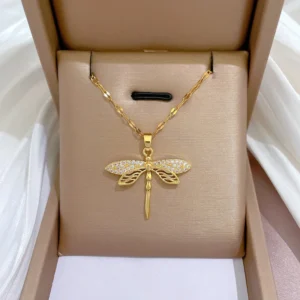 DIEYURO 316L Stainless Steel Personality Dragonfly Pendant Necklace For Women Fashion Girls Clavicle Chain Party Jewelry Gifts