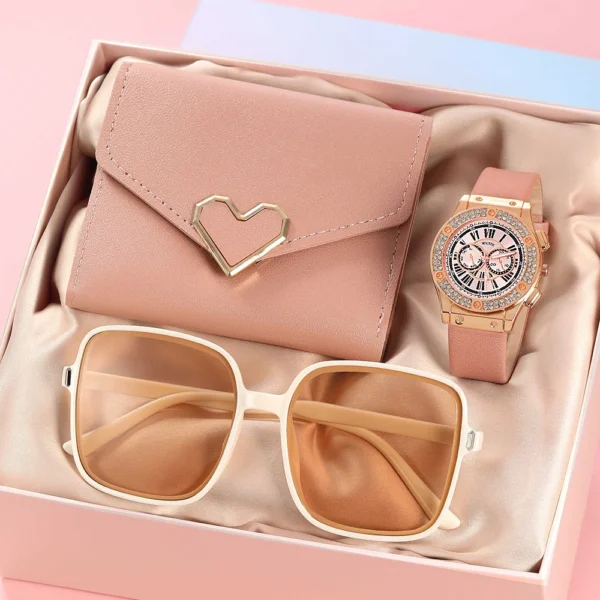 3PCS Set Women Casual Leather Watches Quartz Wristwatches & Ladies Heart Bow Wallet Glasses Sunglasses Clock Montre Femme