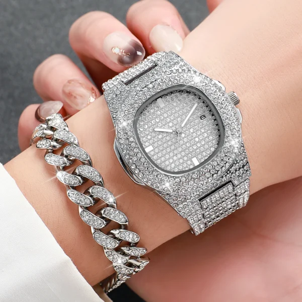 3PCS Luxury Rhinestone Men Watches Hip Pop Square Steel Band Quartz Watch Diamond Jewelry Set Relogio Masculino Reloj Hombre