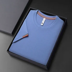 New Men's Round Neck Solid Color Short Sleeved T-shirt with Embroidered Cuffs Fashionable Comfortable Breathable and Elastic